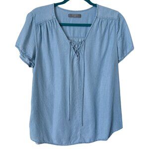 Denver Hayes Women's  Blue  Short Sleeve Lace-Up Blouse Size Large